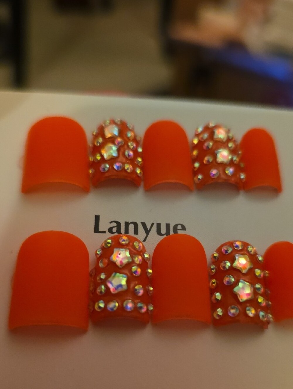 Orange Rhinestone Press-On Nail Set Size Large - Picture 2 of 4